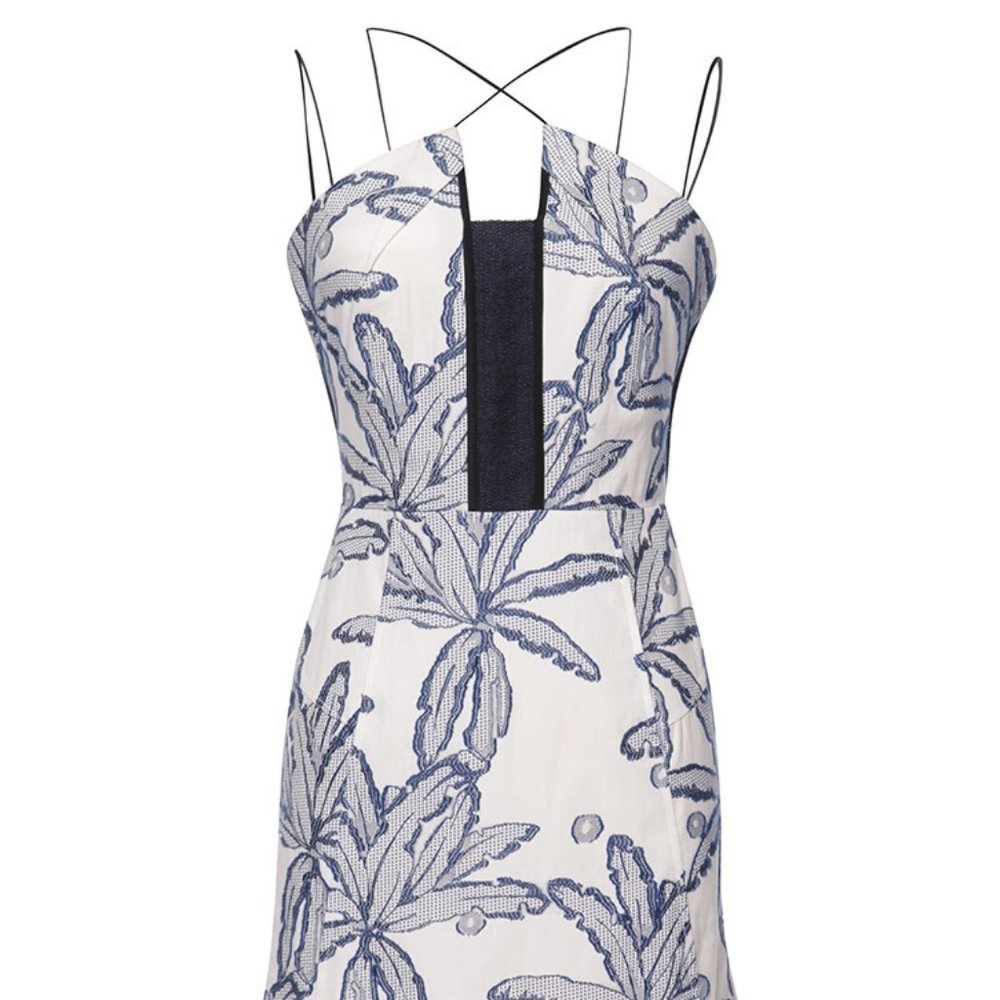 Roland Mouret Palm Clere White Blue Print Dress As Seen on Kelly Ripa